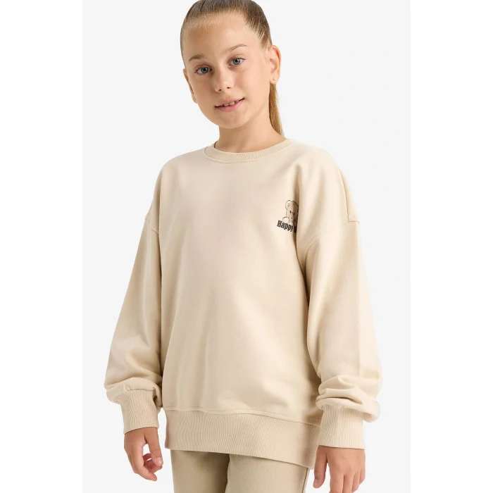 Defacto E6755A8ER230 Ekru Kız Çocuk Oversize Geniş Kalıp Bisiklet Yaka Baskılı Sweatshirt