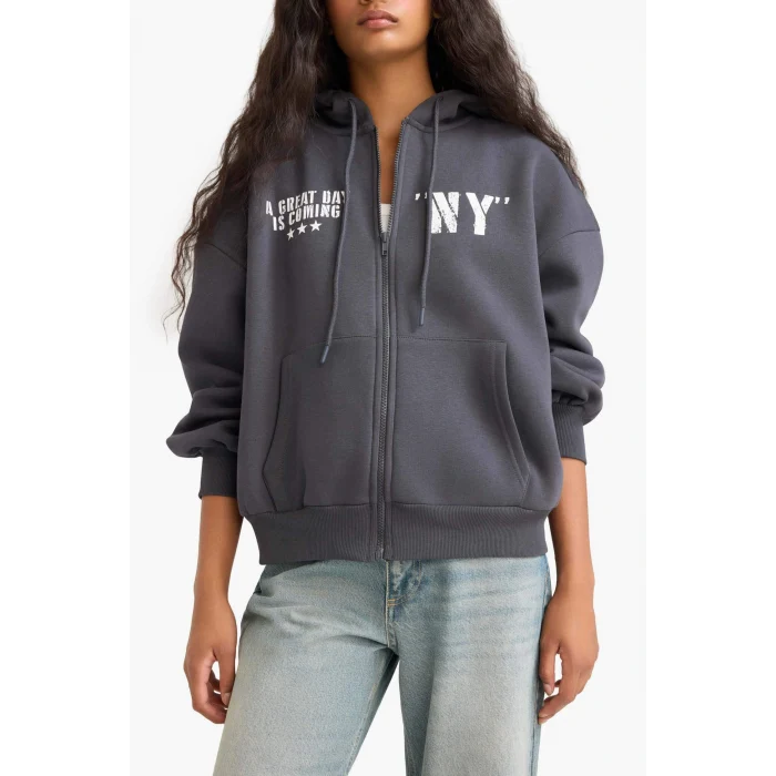 Defacto F8915AXAR104 Antrasit Oversize Geniş Kalıp Kapüşonlu Sırt Baskılı Fermuarlı Sweatshirt