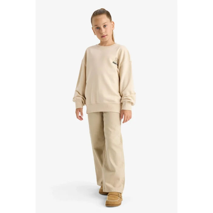 Defacto E6755A8ER230 Ekru Kız Çocuk Oversize Geniş Kalıp Bisiklet Yaka Baskılı Sweatshirt