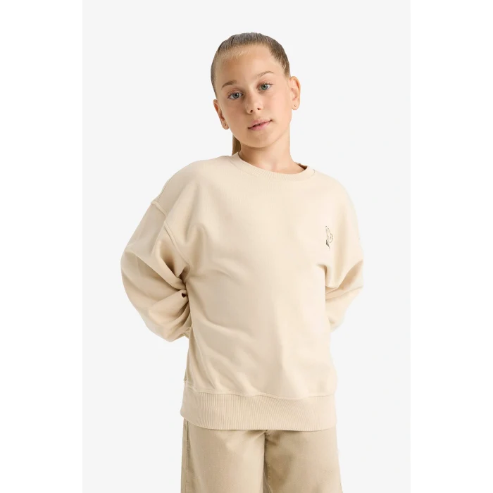Defacto E6755A8ER230 Ekru Kız Çocuk Oversize Geniş Kalıp Bisiklet Yaka Baskılı Sweatshirt