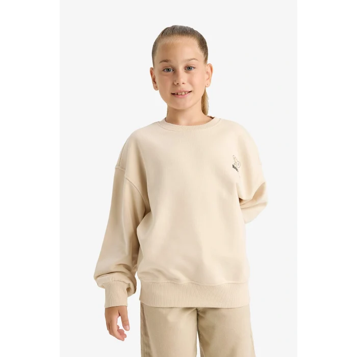 Defacto E6755A8ER230 Ekru Kız Çocuk Oversize Geniş Kalıp Bisiklet Yaka Baskılı Sweatshirt
