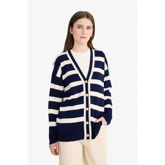 Defacto D2445AXNV134 Lacivert Regular Fit V Yaka Çizgili Düğme Kapmalı Tunik Triko Hırka