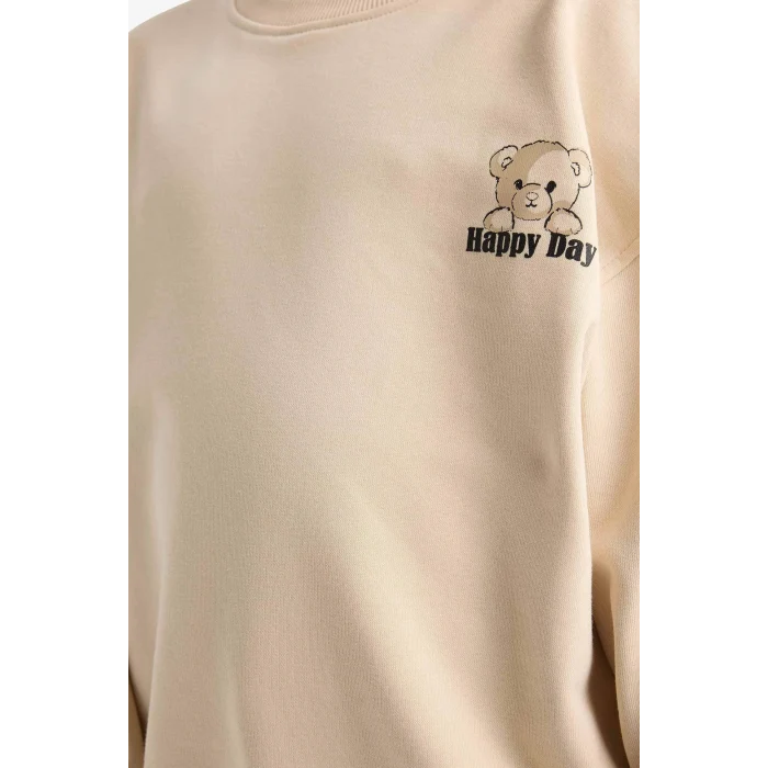 Defacto E6755A8ER230 Ekru Kız Çocuk Oversize Geniş Kalıp Bisiklet Yaka Baskılı Sweatshirt