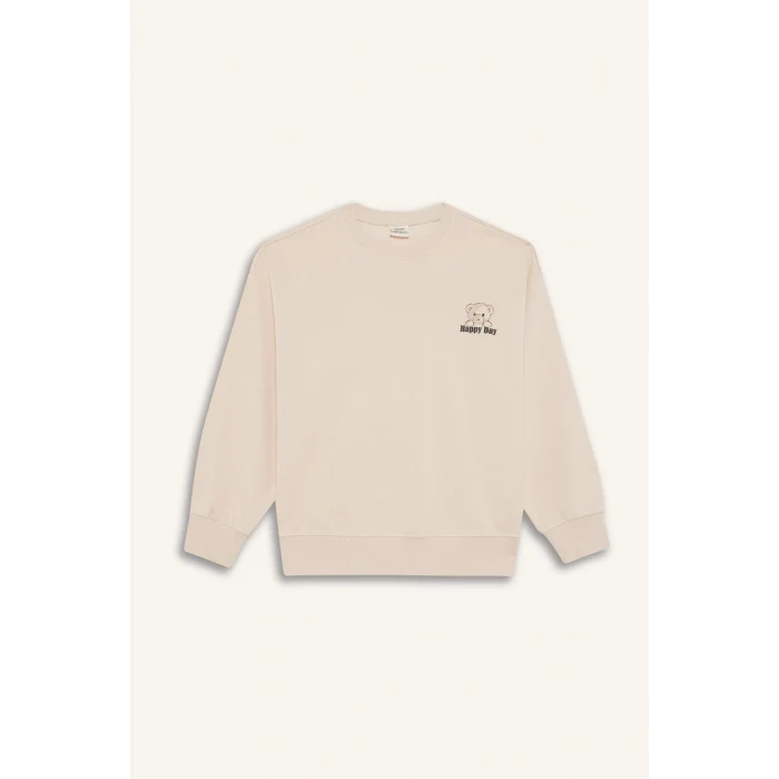 Defacto E6755A8ER230 Ekru Kız Çocuk Oversize Geniş Kalıp Bisiklet Yaka Baskılı Sweatshirt