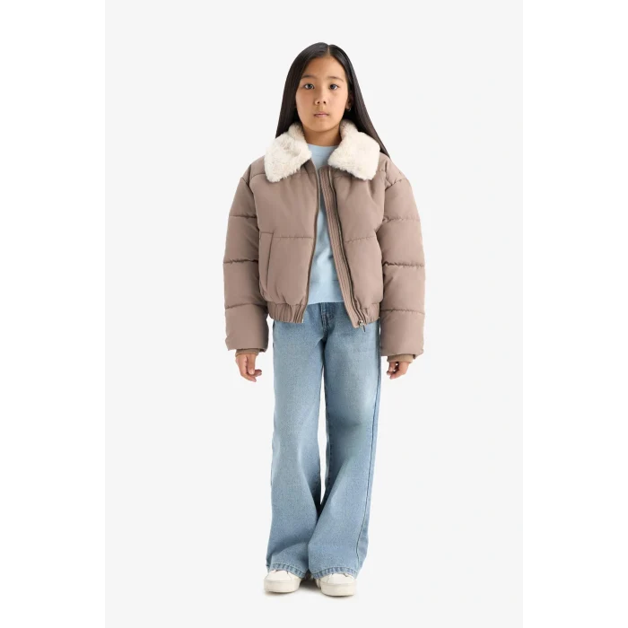 Defacto C5388A8BN298 Kahve Kız Çocuk Yakası Suni Kürklü Fermuarlı Mont