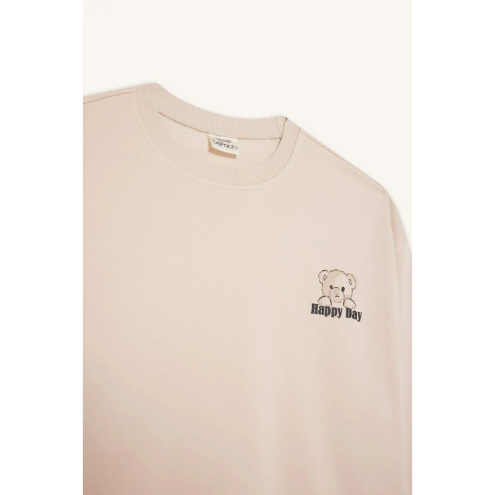 Defacto E6755A8ER230 Ekru Kız Çocuk Oversize Geniş Kalıp Bisiklet Yaka Baskılı Sweatshirt