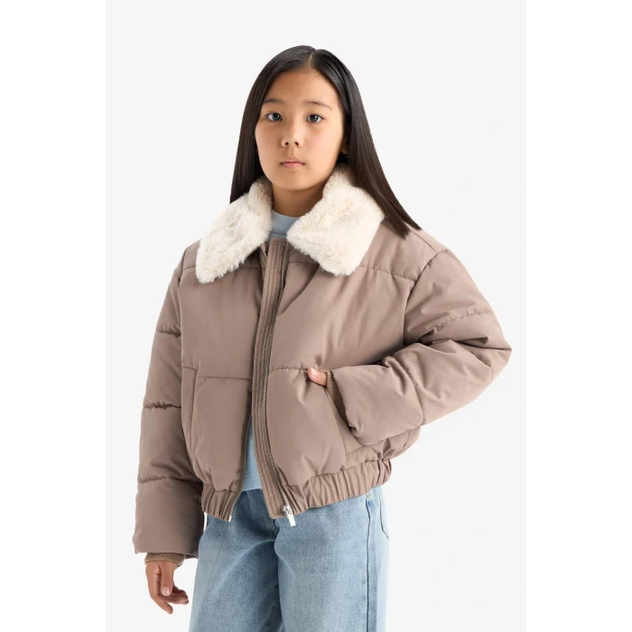 Defacto C5388A8BN298 Kahve Kız Çocuk Yakası Suni Kürklü Fermuarlı Mont