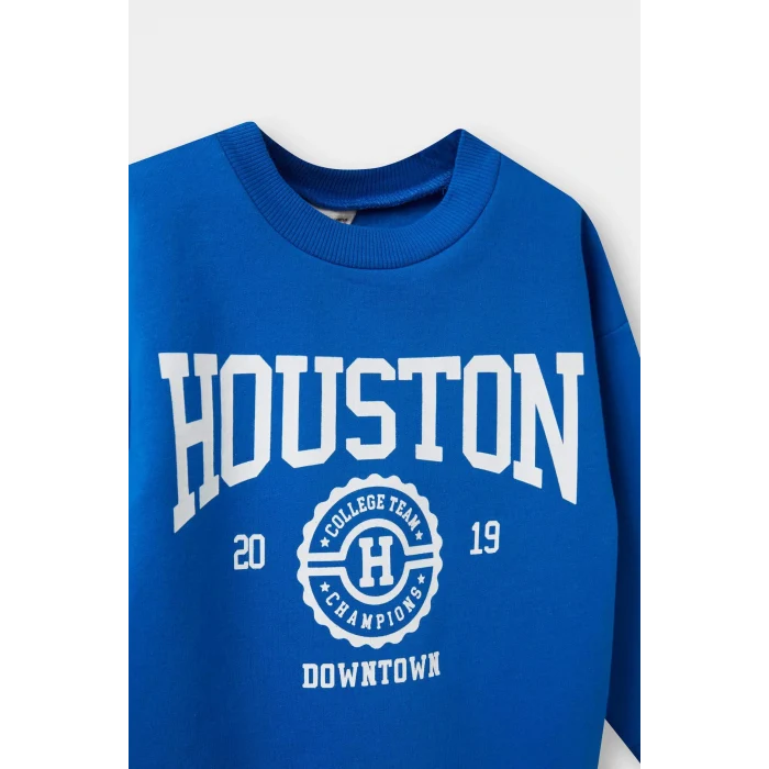 Defacto E9238A5BE142 Mavi Erkek Bebek Bisiklet Yaka Baskılı İçi Yumuşak Tüylü Sweatshirt