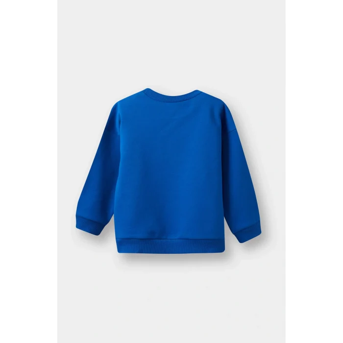 Defacto E9238A5BE142 Mavi Erkek Bebek Bisiklet Yaka Baskılı İçi Yumuşak Tüylü Sweatshirt