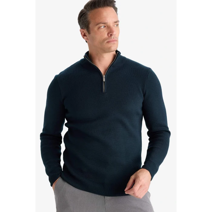 Defacto A5184AXGN852 Yeşil Standart Fit Normal Kesim Dik Yaka Yarım Fermuarlı Basic Düz Triko Kazak