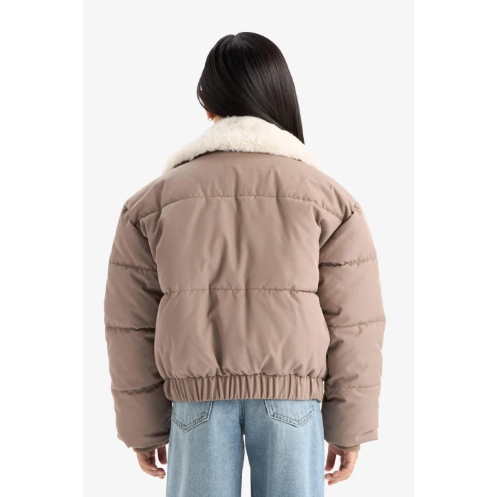 Defacto C5388A8BN298 Kahve Kız Çocuk Yakası Suni Kürklü Fermuarlı Mont