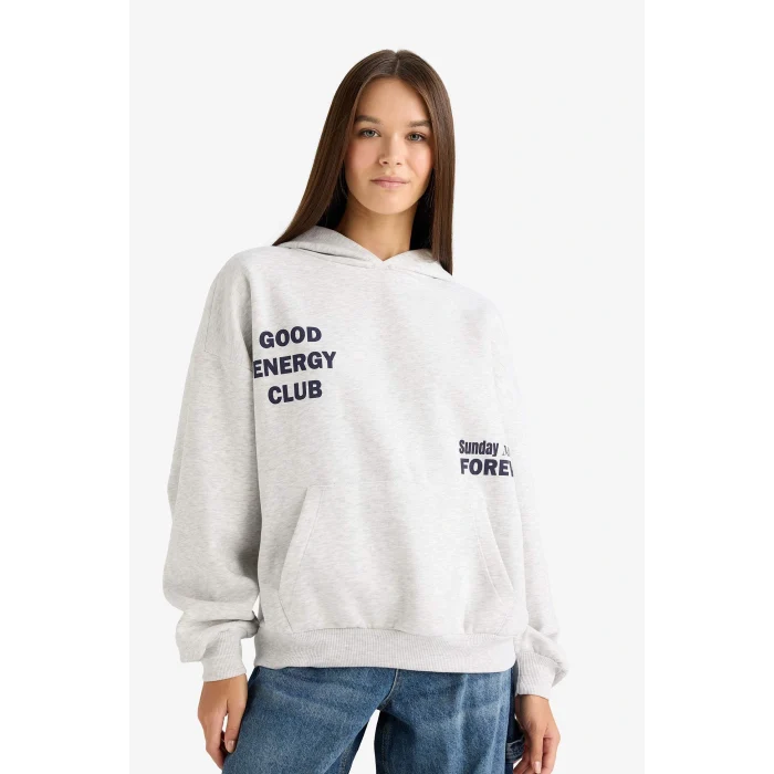 Defacto G0960AXGR110 Gri Overshirt Fit Kapüşonlu Sırt Baskılı Kalın Sweatshirt