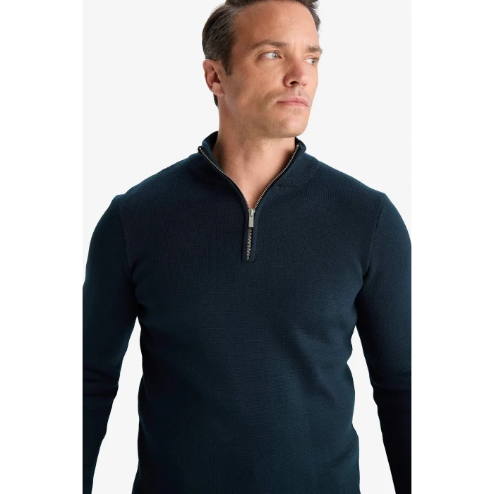 Defacto A5184AXGN852 Yeşil Standart Fit Normal Kesim Dik Yaka Yarım Fermuarlı Basic Düz Triko Kazak