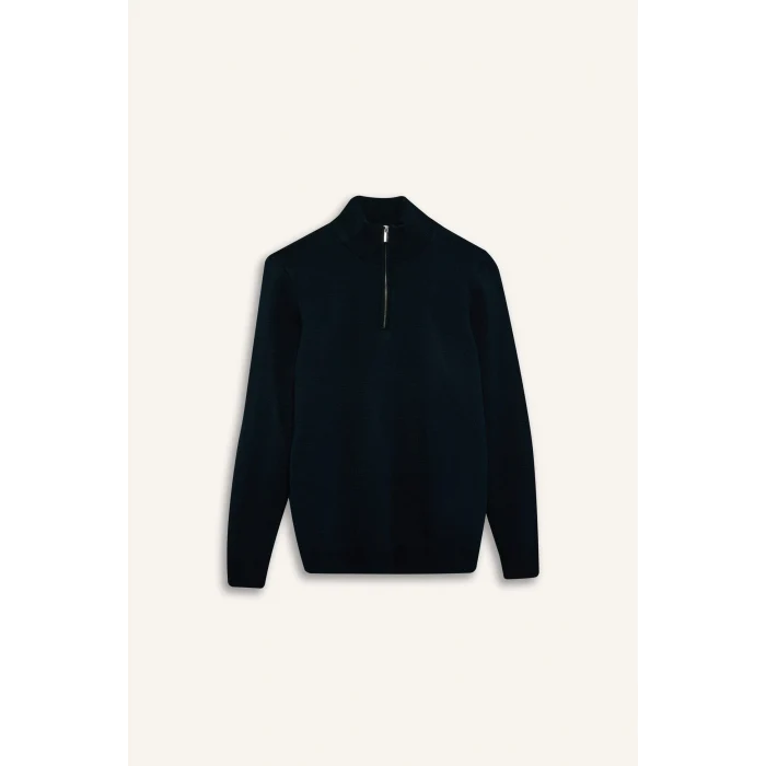 Defacto A5184AXGN852 Yeşil Standart Fit Normal Kesim Dik Yaka Yarım Fermuarlı Basic Düz Triko Kazak