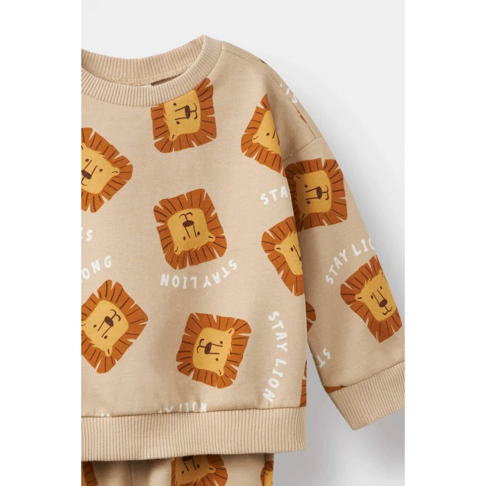 Defacto F0214A5BG775 Bej Erkek Bebek 2li Takım Desenli Sweatshirt Eşofman Altı