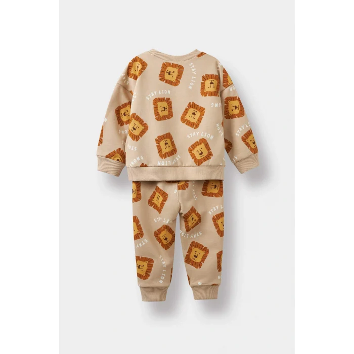 Defacto F0214A5BG775 Bej Erkek Bebek 2li Takım Desenli Sweatshirt Eşofman Altı