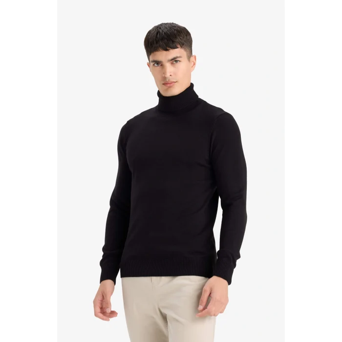 Defacto R1124AZBK27 Siyah Slim Fit Dar Kesim Balıkçı Yaka Basic Düz Triko Kazak