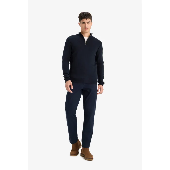 Defacto A5184AXNV64 Lacivert Standart Fit Normal Kesim Dik Yaka Yarım Fermuarlı Basic Düz Triko Kazak