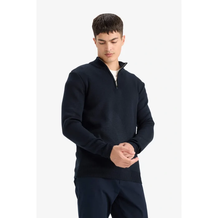 Defacto A5184AXNV64 Lacivert Standart Fit Normal Kesim Dik Yaka Yarım Fermuarlı Basic Düz Triko Kazak