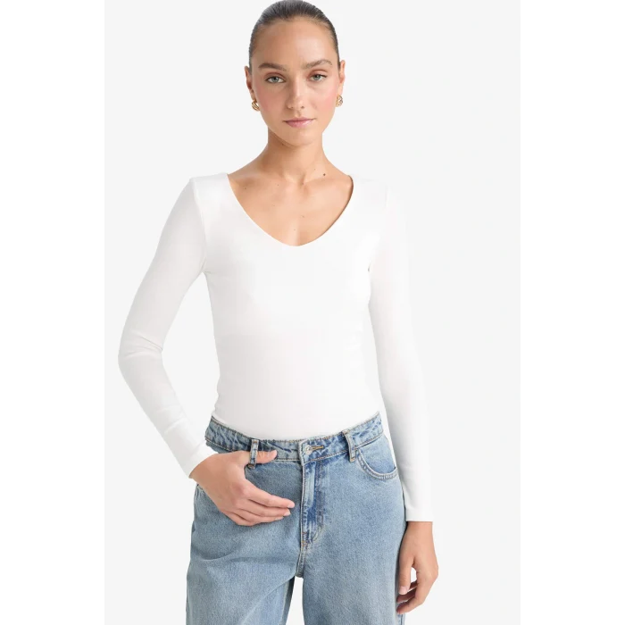 Defacto F7153AXER105 Ekru Slim Fit Dar Kesim Basic Düz Modal Uzun Kollu Tişört