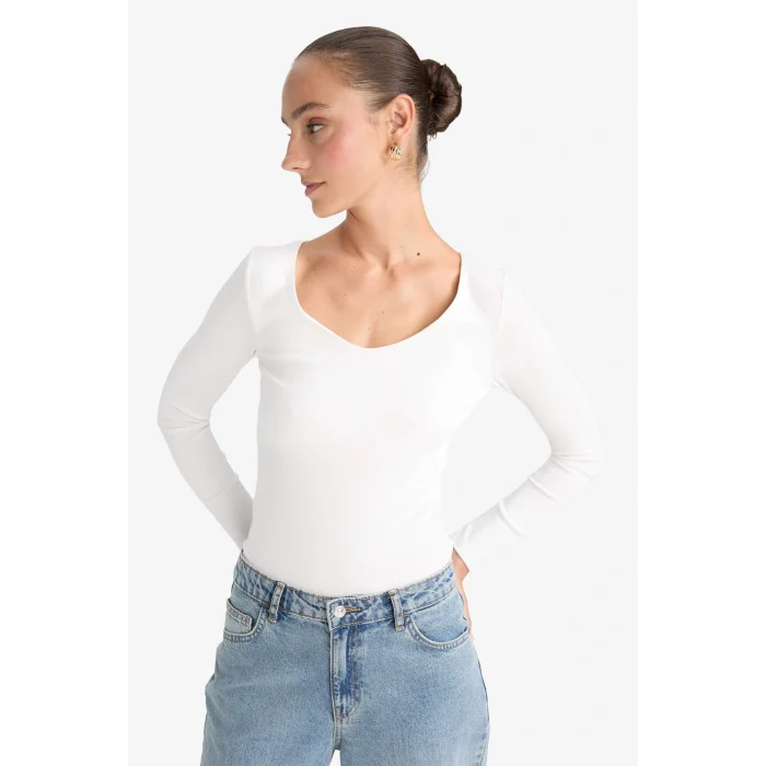 Defacto F7153AXER105 Ekru Slim Fit Dar Kesim Basic Düz Modal Uzun Kollu Tişört