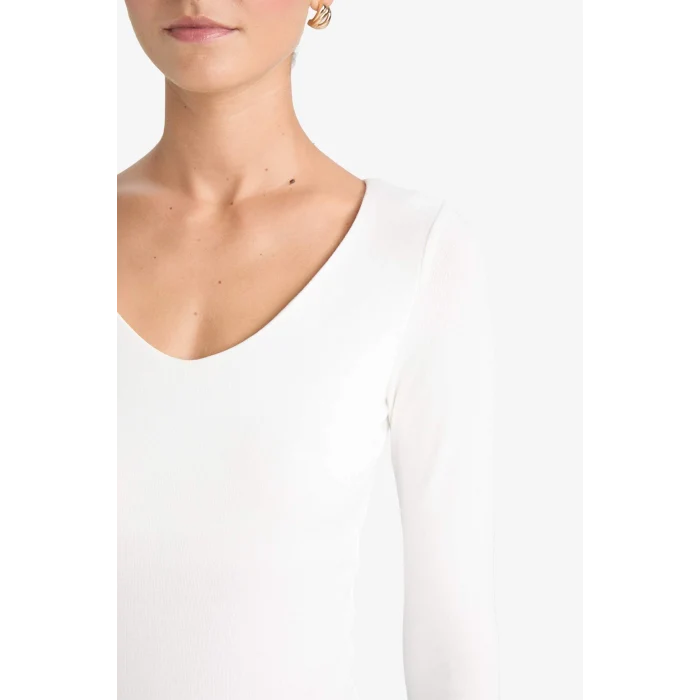 Defacto F7153AXER105 Ekru Slim Fit Dar Kesim Basic Düz Modal Uzun Kollu Tişört