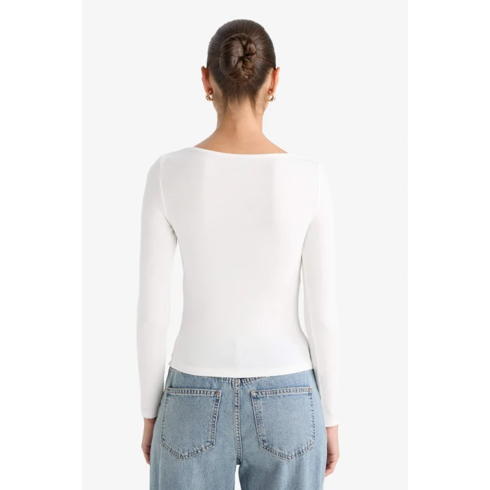 Defacto F7153AXER105 Ekru Slim Fit Dar Kesim Basic Düz Modal Uzun Kollu Tişört