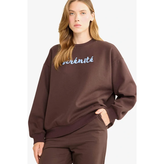 Defacto G1823AXBN267 Kahve Oversize Geniş Kalıp Bisiklet Yaka Baskılı Sweatshirt