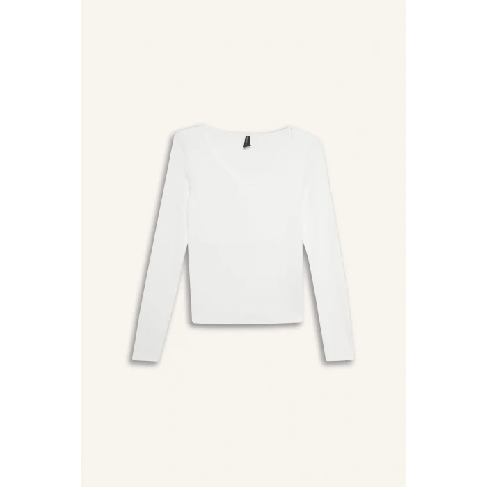 Defacto F7153AXER105 Ekru Slim Fit Dar Kesim Basic Düz Modal Uzun Kollu Tişört