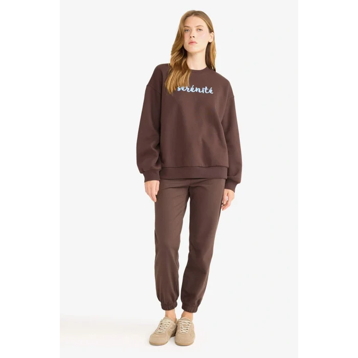Defacto G1823AXBN267 Kahve Oversize Geniş Kalıp Bisiklet Yaka Baskılı Sweatshirt