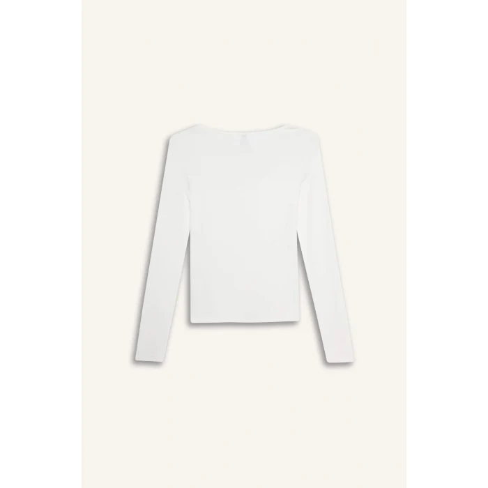 Defacto F7153AXER105 Ekru Slim Fit Dar Kesim Basic Düz Modal Uzun Kollu Tişört