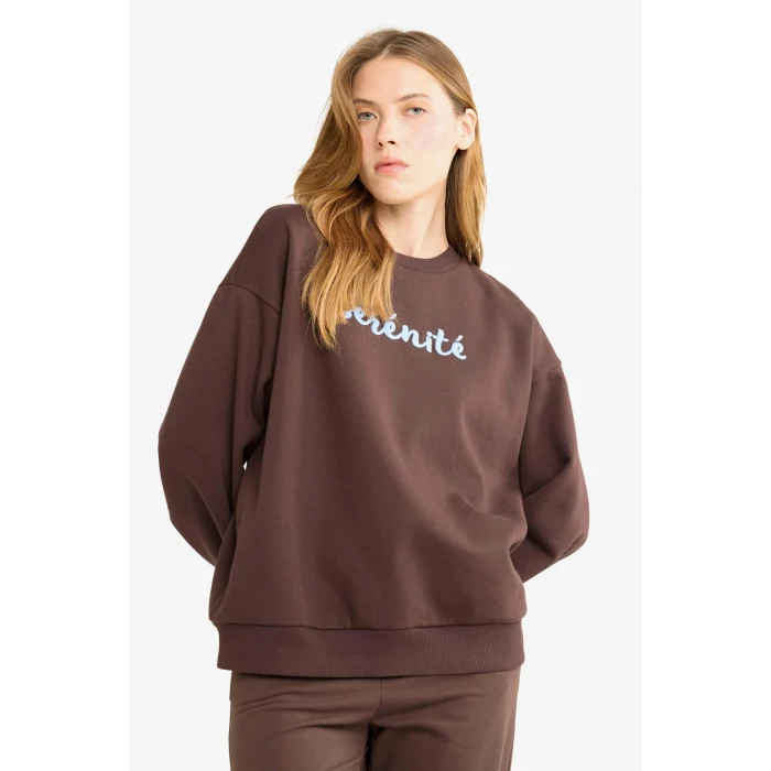 Defacto G1823AXBN267 Kahve Oversize Geniş Kalıp Bisiklet Yaka Baskılı Sweatshirt