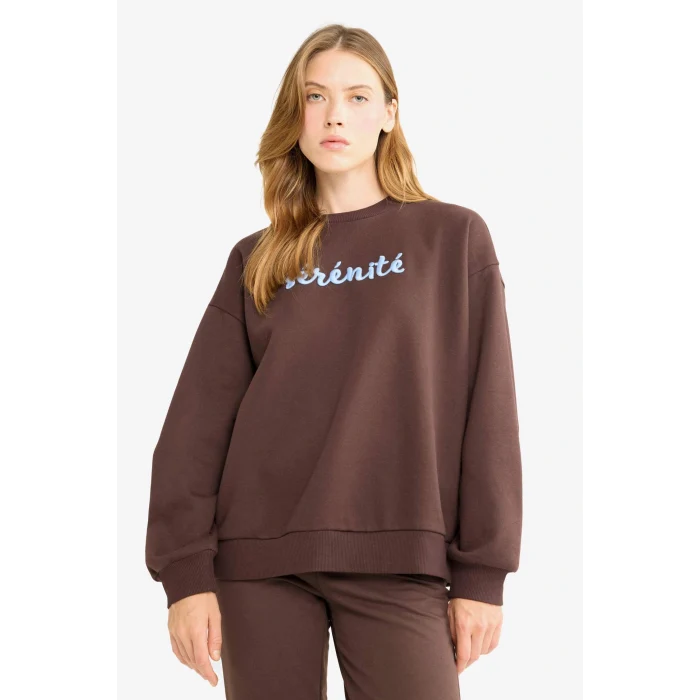 Defacto G1823AXBN267 Kahve Oversize Geniş Kalıp Bisiklet Yaka Baskılı Sweatshirt