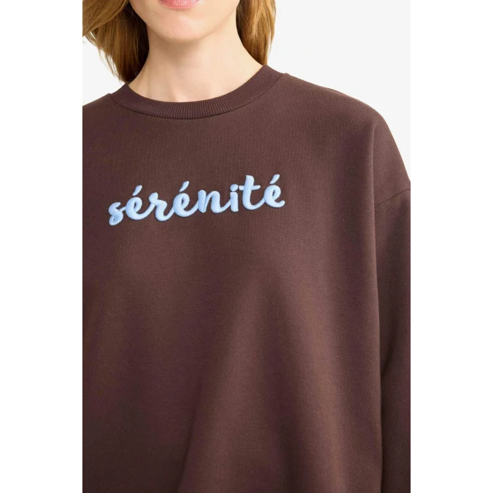 Defacto G1823AXBN267 Kahve Oversize Geniş Kalıp Bisiklet Yaka Baskılı Sweatshirt