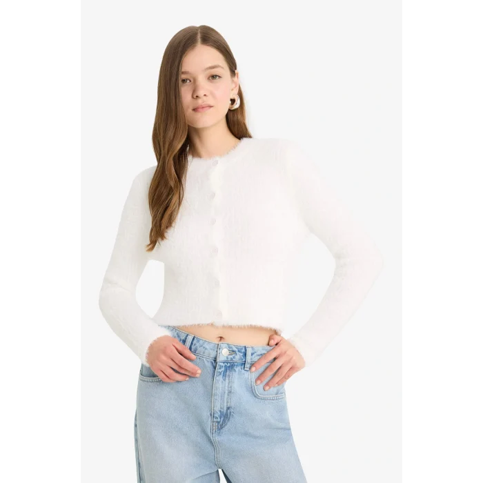 Defacto Z9318AZER98 Ekru Coool Slim Fit Dar Kesim Bisiklet Yaka Triko Hırka