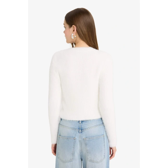 Defacto Z9318AZER98 Ekru Coool Slim Fit Dar Kesim Bisiklet Yaka Triko Hırka