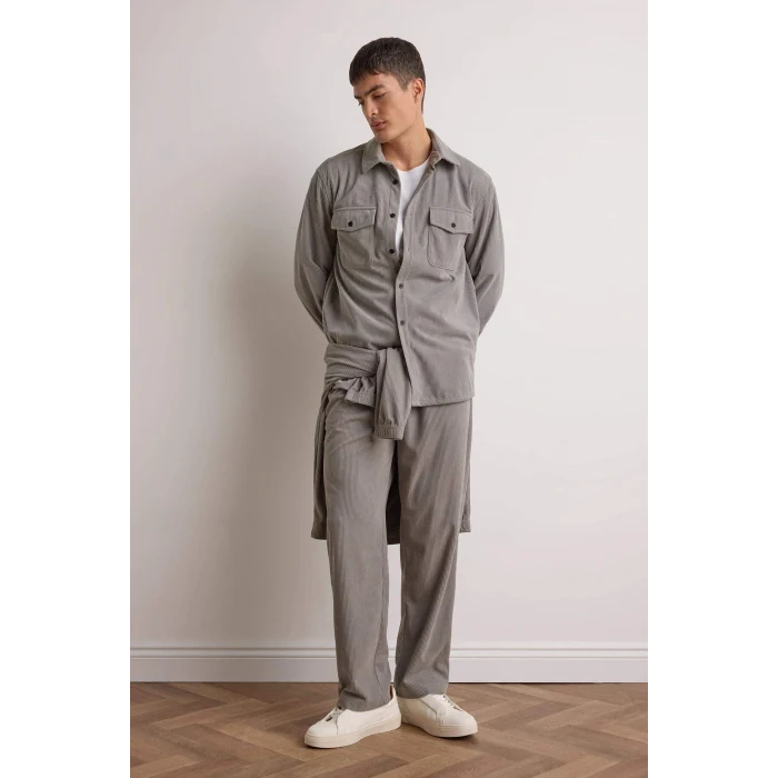 Defacto F1518AXGR454 Gri Regular Fit Fitilli Kadife Uzun Kollu Gömlek