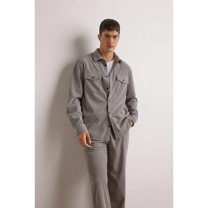 Defacto F1518AXGR454 Gri Regular Fit Fitilli Kadife Uzun Kollu Gömlek