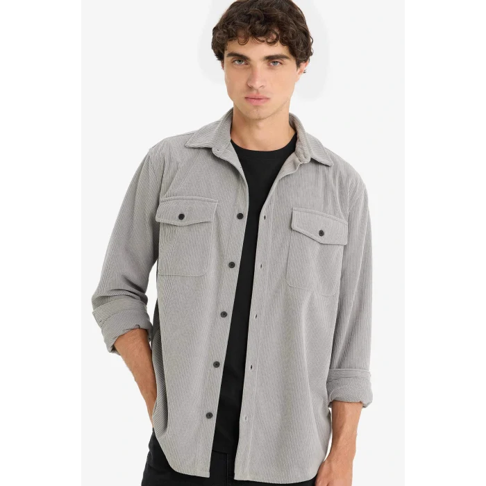 Defacto F1518AXGR454 Gri Regular Fit Fitilli Kadife Uzun Kollu Gömlek