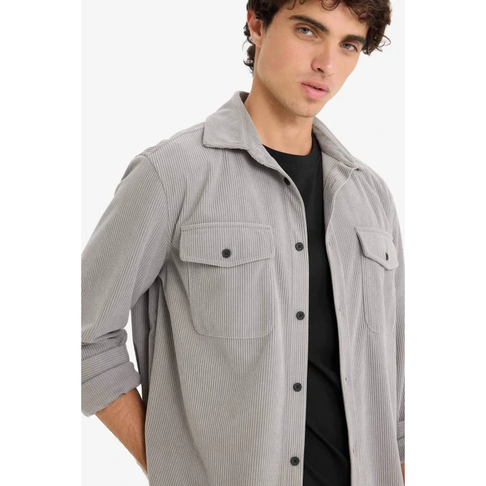 Defacto F1518AXGR454 Gri Regular Fit Fitilli Kadife Uzun Kollu Gömlek