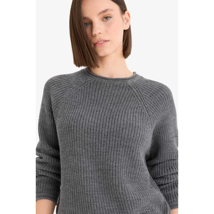 Defacto L2567AZAR61 Antrasit Coool Regular Fit Bisiklet Yaka Triko Kazak