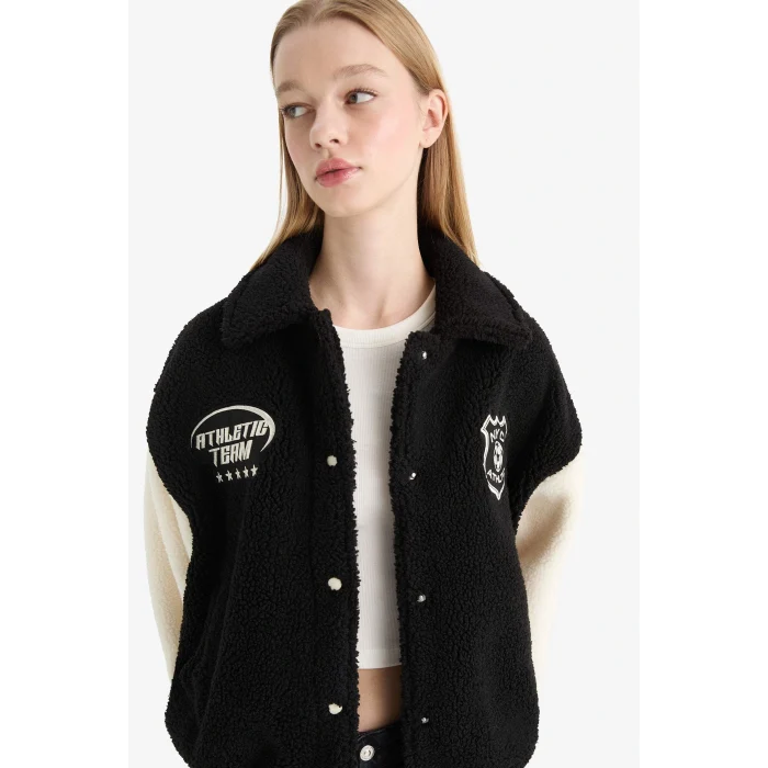 Defacto E9837AXBK81 Siyah Coool Oversize Geniş Kalıp Polo Yaka Pelüş Bomber Ceket