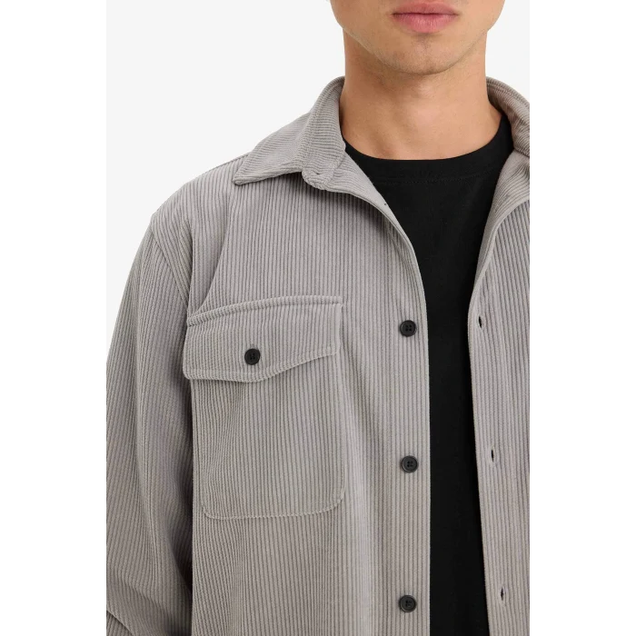 Defacto F1518AXGR454 Gri Regular Fit Fitilli Kadife Uzun Kollu Gömlek