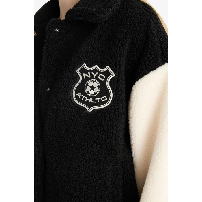 Defacto E9837AXBK81 Siyah Coool Oversize Geniş Kalıp Polo Yaka Pelüş Bomber Ceket