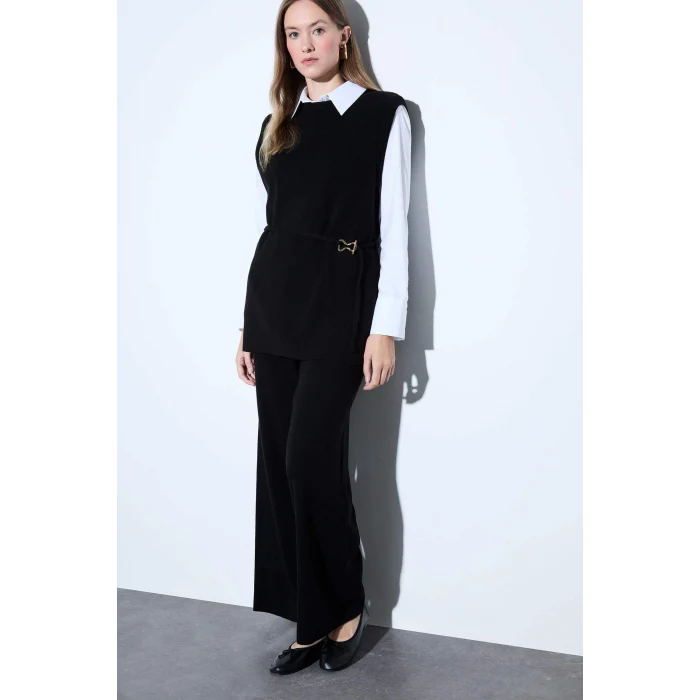 Defacto V0088AZBK27 Siyah Relax Fit Triko Pantolon Basic Düz Beli Lastikli Geniş Paça