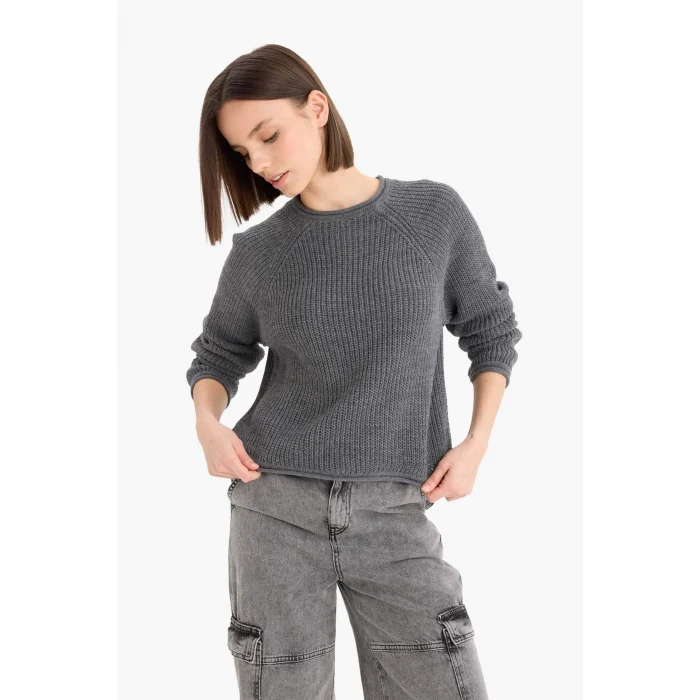 Defacto L2567AZAR61 Antrasit Coool Regular Fit Bisiklet Yaka Triko Kazak