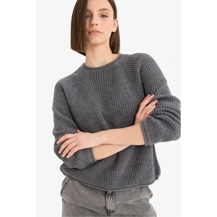 Defacto L2567AZAR61 Antrasit Coool Regular Fit Bisiklet Yaka Triko Kazak