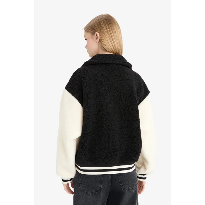 Defacto E9837AXBK81 Siyah Coool Oversize Geniş Kalıp Polo Yaka Pelüş Bomber Ceket