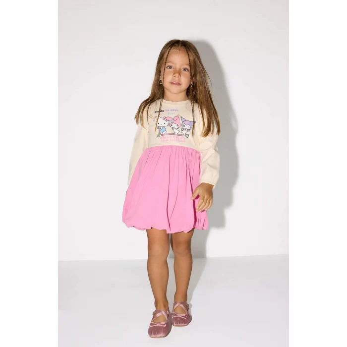 Defacto G0370A5PN179 Pembe Kız Bebek Hello Kitty Uzun Kollu Fitilli Kaşkorse Elbise