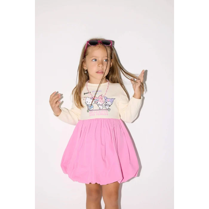 Defacto G0370A5PN179 Pembe Kız Bebek Hello Kitty Uzun Kollu Fitilli Kaşkorse Elbise